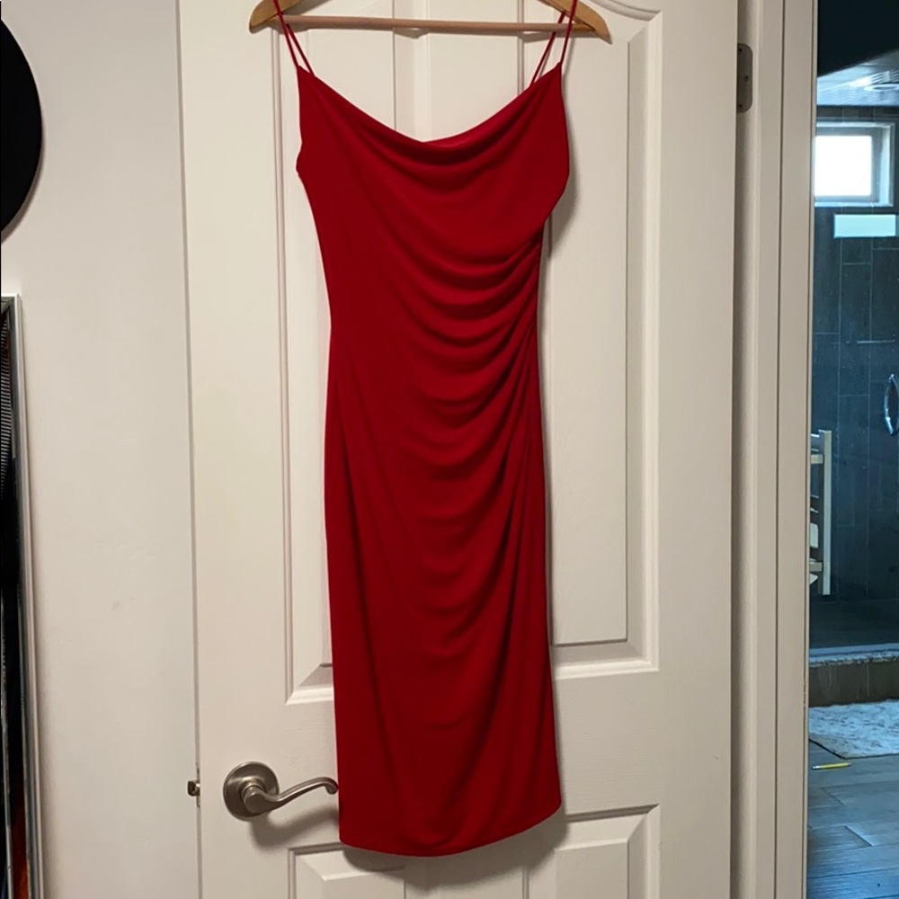Red, cowl neck dress, lined, side ruching